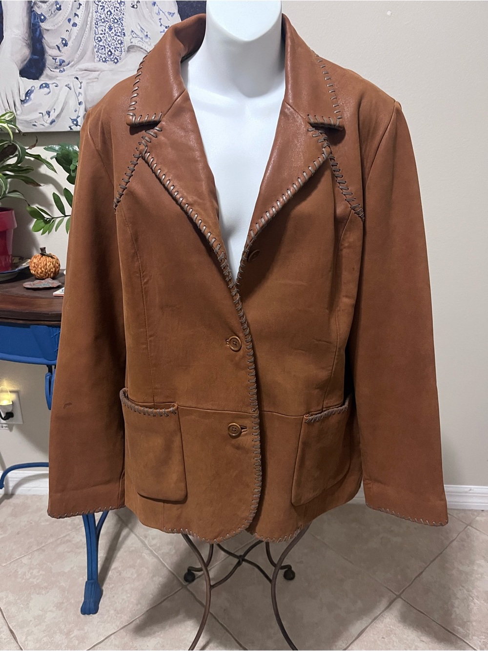 vintage Isabella Bird Anthropologie leather whipstitch blazer western jacket 16